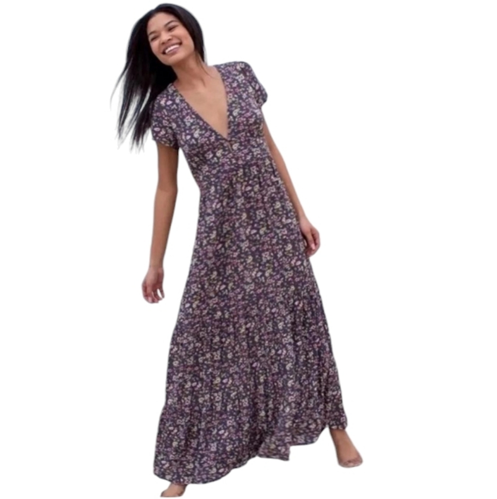 Natural Life Evangeline Tiered Ditsy Floral Maxi Dress Pockets Size Small